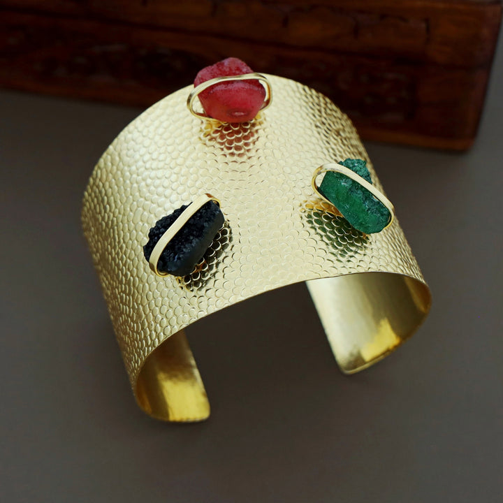 Golden Textured Tri Druzy Stone Hand Cuff