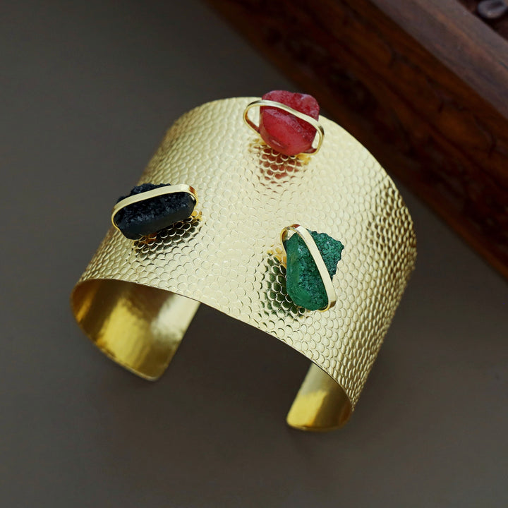 Golden Textured Tri Druzy Stone Hand Cuff