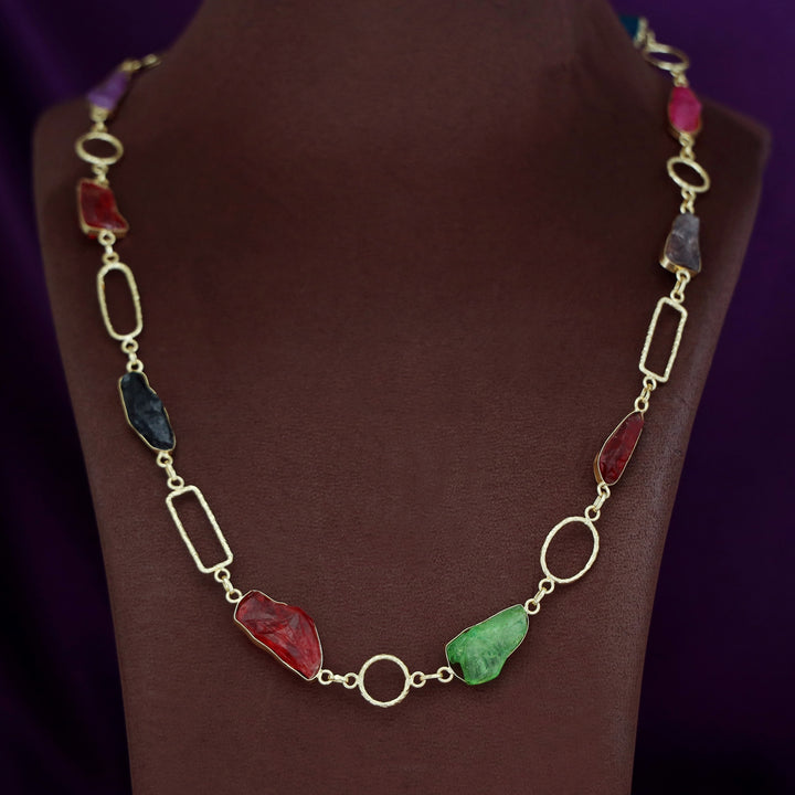 Jisna Golden Hammered Rectangle Circle Dyed Stone Neckpiece