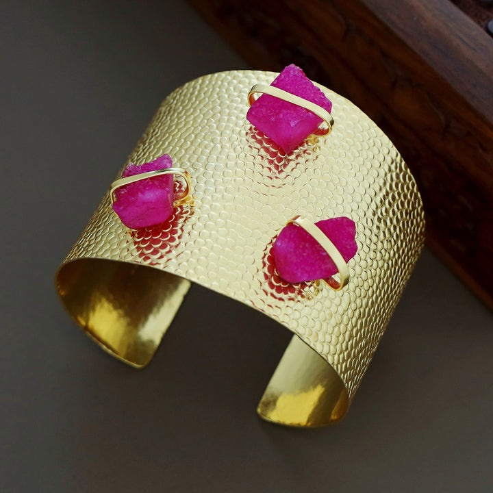 Golden Textured Tri Druzy Stone Hand Cuff