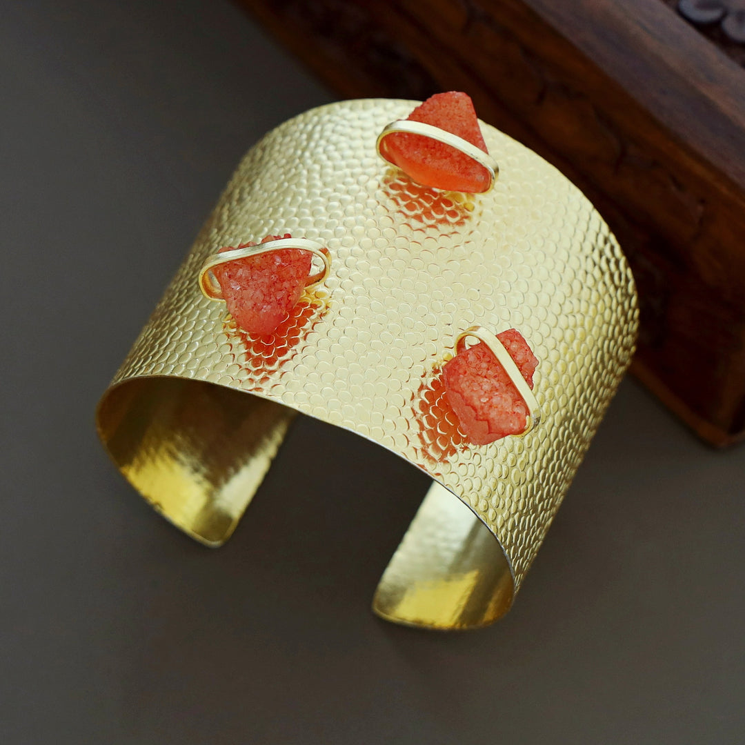 Golden Textured Tri Druzy Stone Hand Cuff