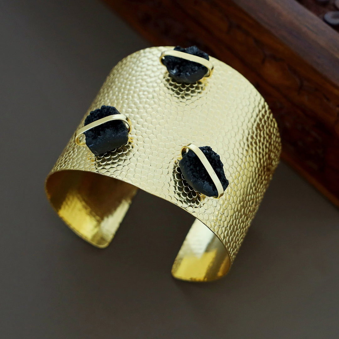 Golden Textured Tri Druzy Stone Hand Cuff