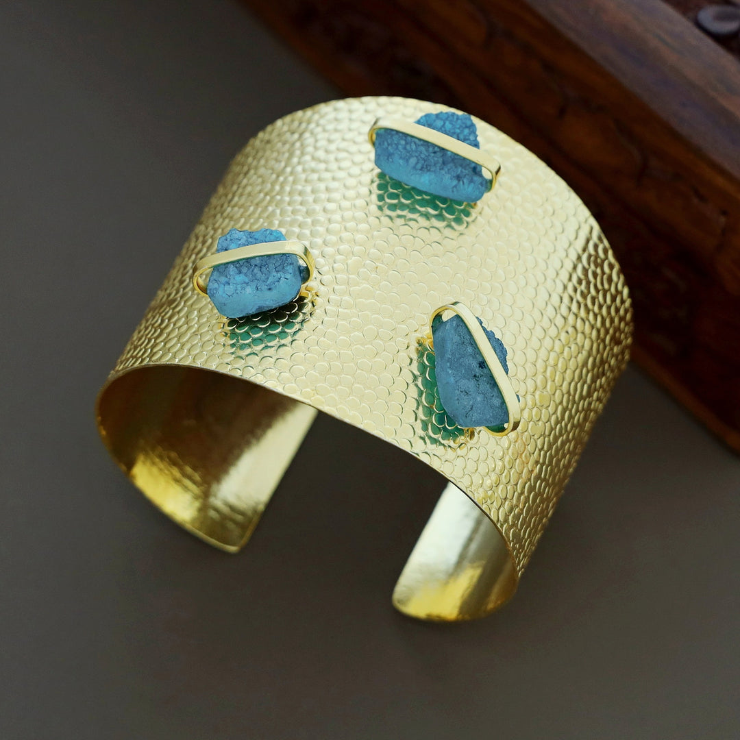 Golden Textured Tri Druzy Stone Hand Cuff