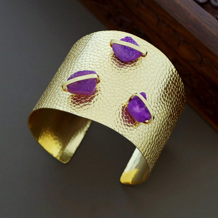 Golden Textured Tri Druzy Stone Hand Cuff