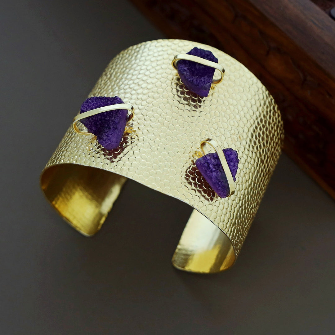 Golden Textured Tri Druzy Stone Hand Cuff