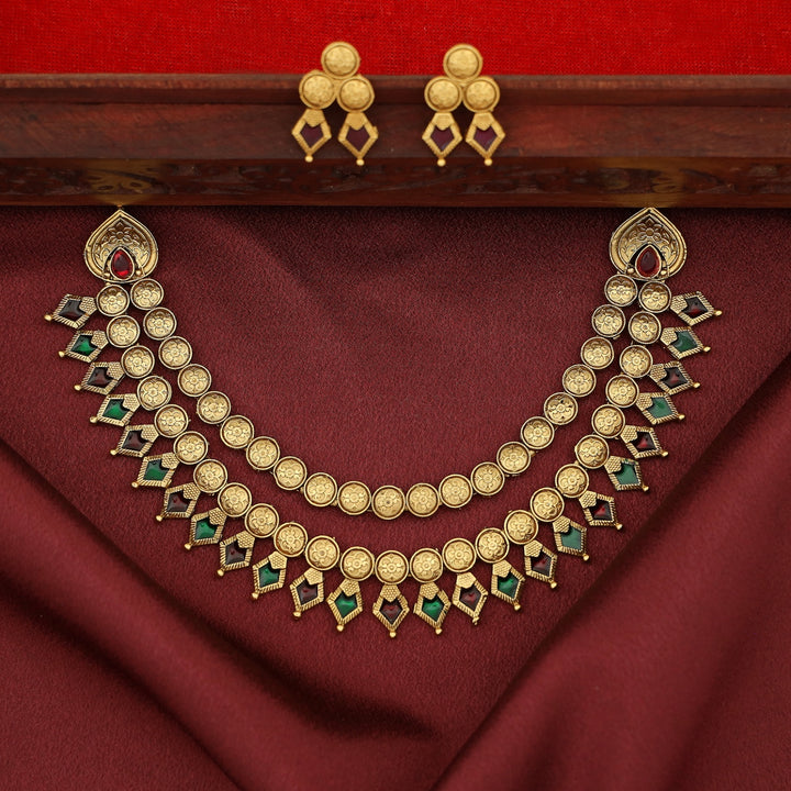 Charita 2 Layer Enamel Palakka Short Neckpiece With Earring