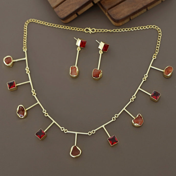 Golden Glossy Square And Raw Stone Neckpiece With Earring