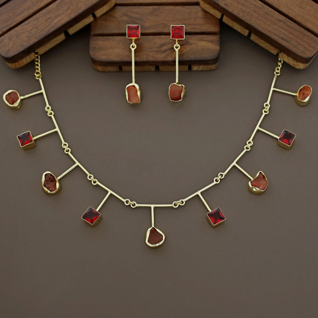 Golden Glossy Square And Raw Stone Neckpiece With Earring