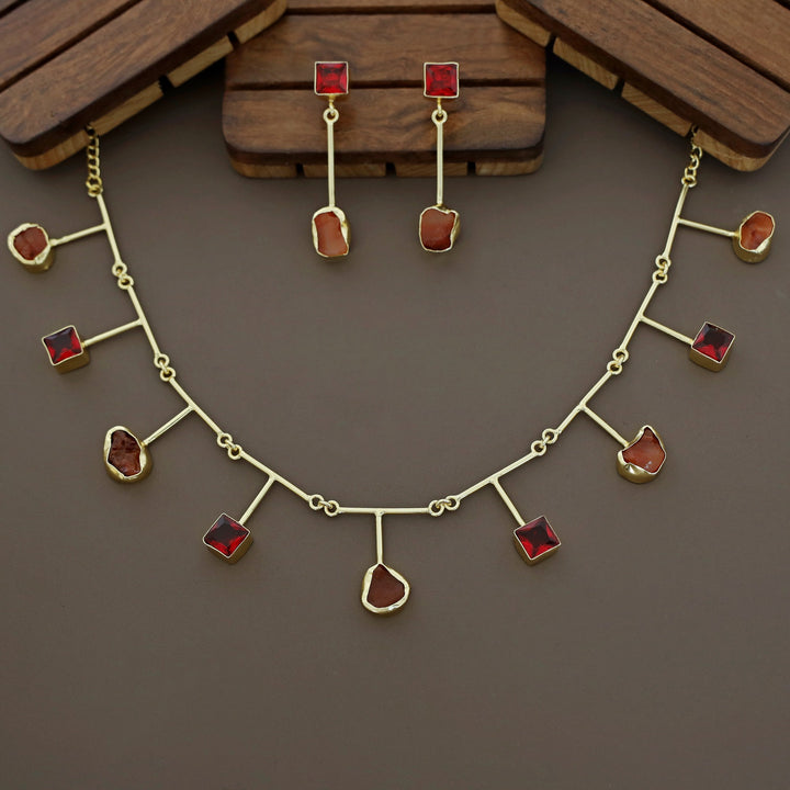 Golden Glossy Square And Raw Stone Neckpiece With Earring