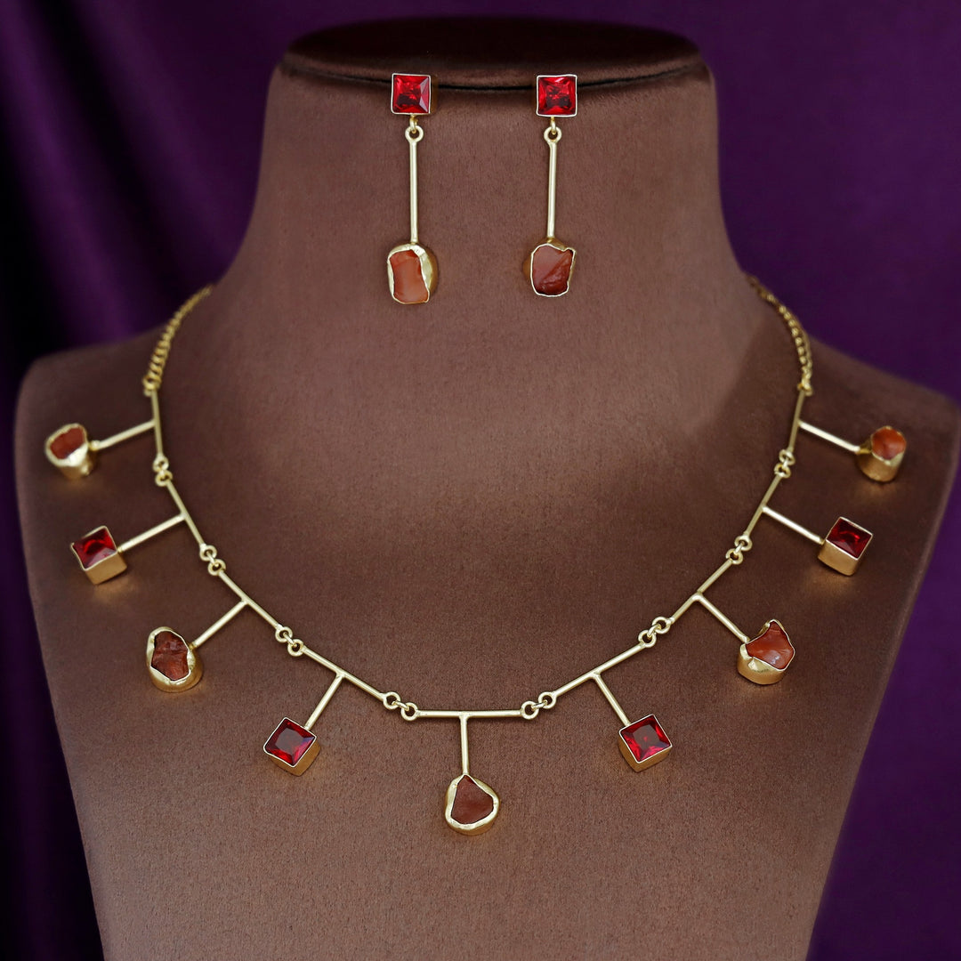 Golden Glossy Square And Raw Stone Neckpiece With Earring
