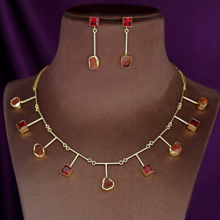 Golden Glossy Square And Raw Stone Neckpiece With Earring