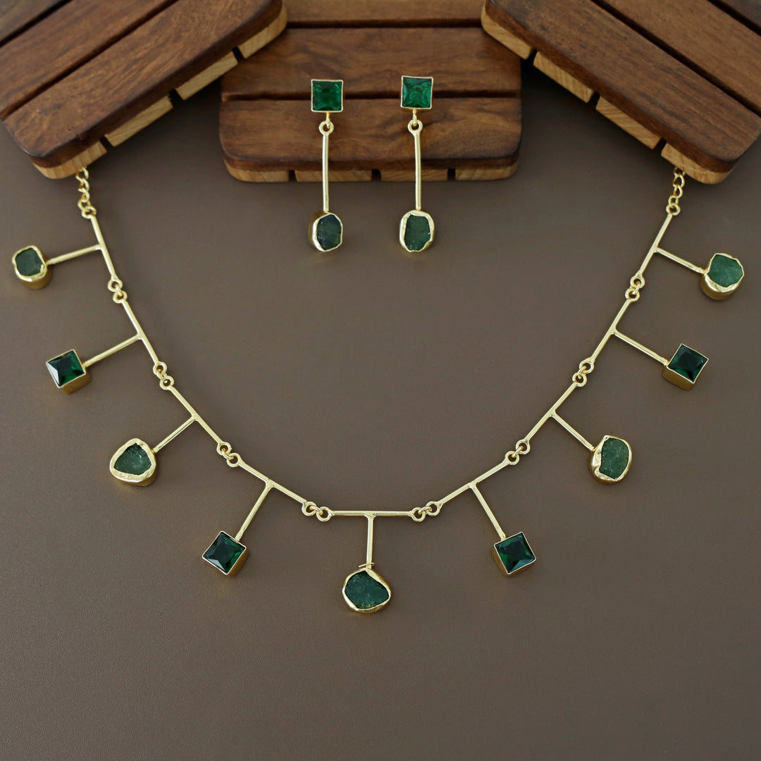Golden Glossy Square And Raw Stone Neckpiece With Earring
