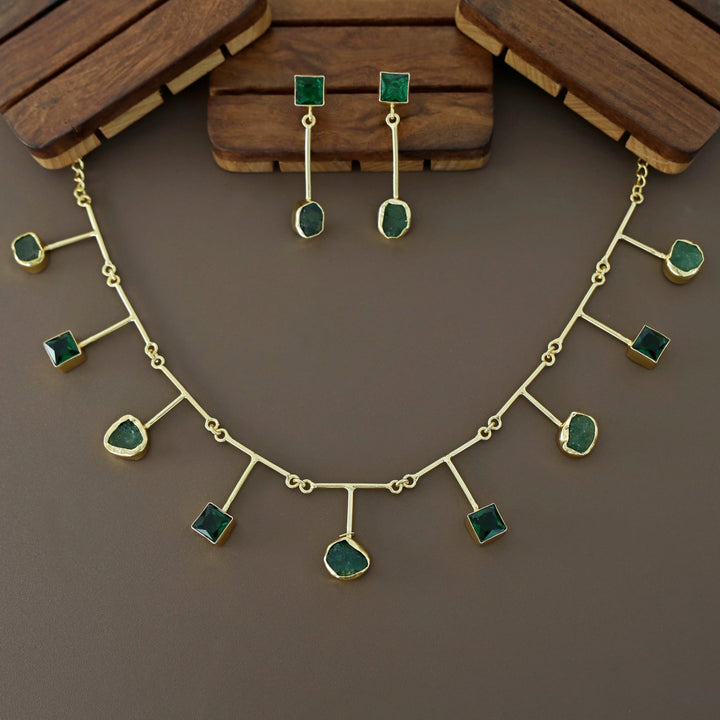 Golden Glossy Square And Raw Stone Neckpiece With Earring