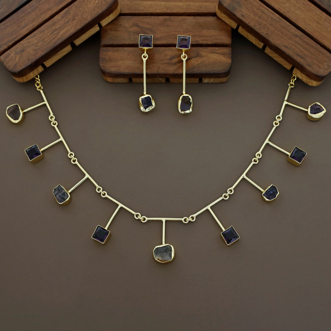 Golden Glossy Square And Raw Stone Neckpiece With Earring