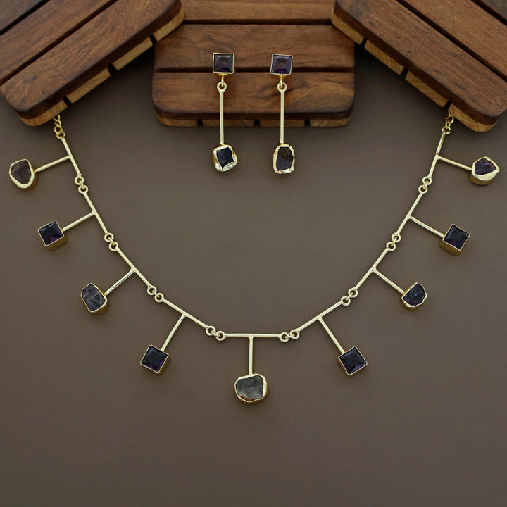 Golden Glossy Square And Raw Stone Neckpiece With Earring