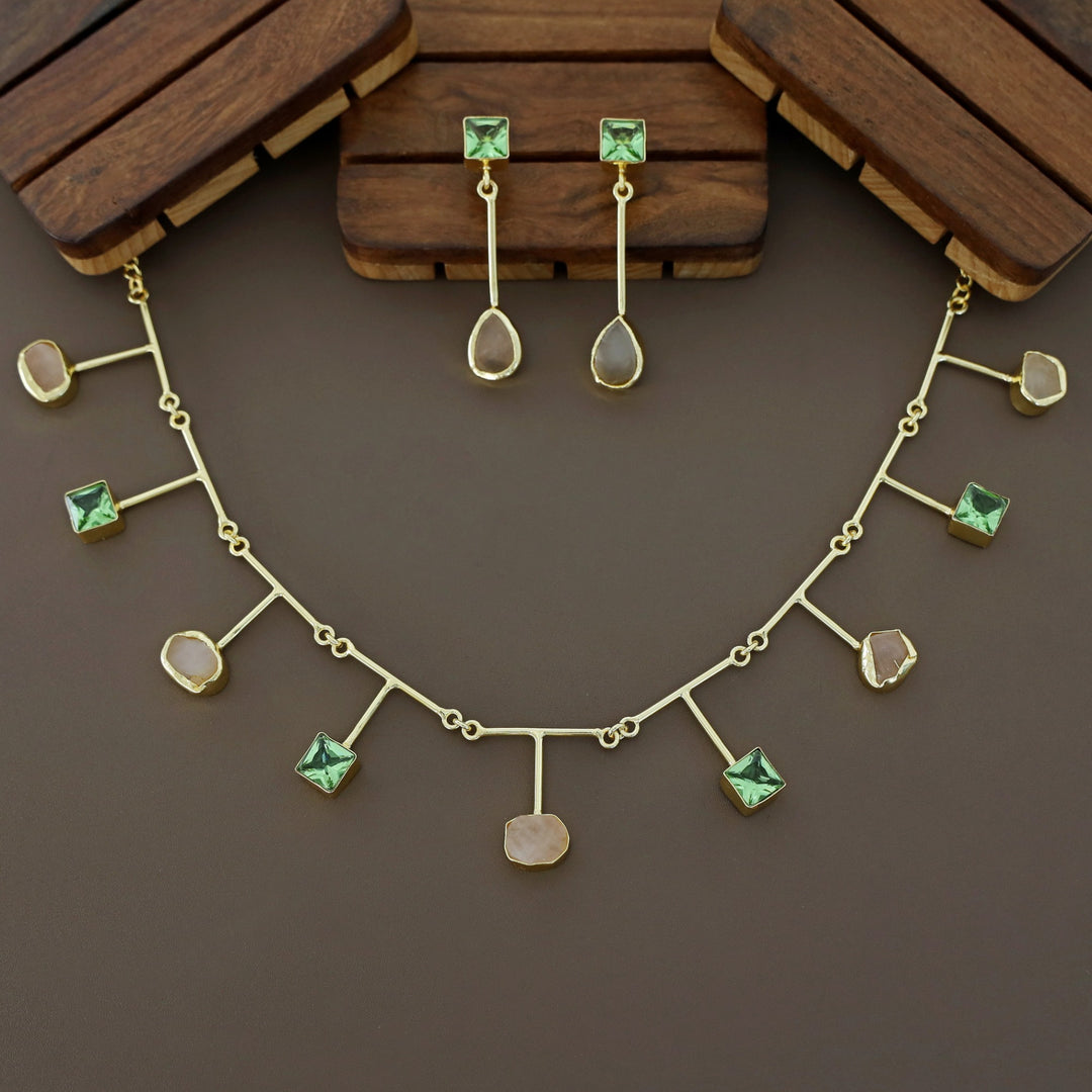 Golden Glossy Square And Raw Stone Neckpiece With Earring