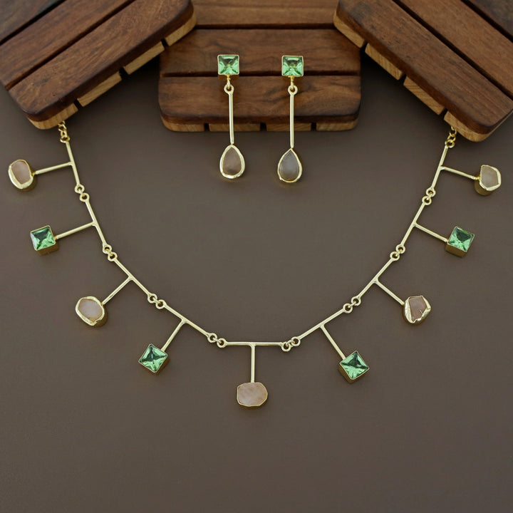 Golden Glossy Square And Raw Stone Neckpiece With Earring