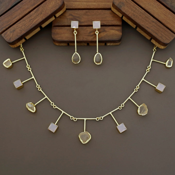 Golden Glossy Square And Raw Stone Neckpiece With Earring