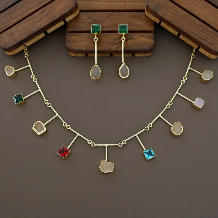 Golden Glossy Square And Raw Stone Neckpiece With Earring