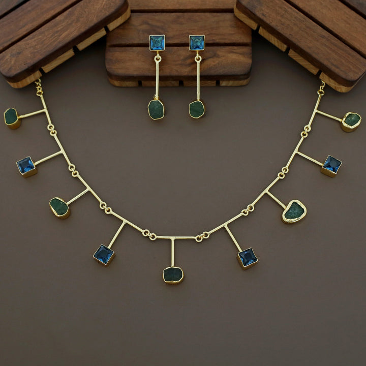 Golden Glossy Square And Raw Stone Neckpiece With Earring