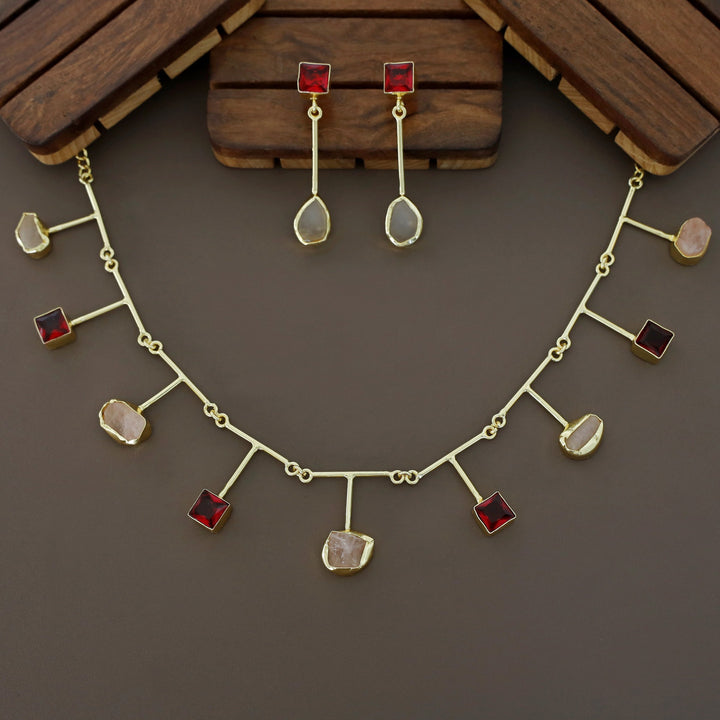 Golden Glossy Square And Raw Stone Neckpiece With Earring
