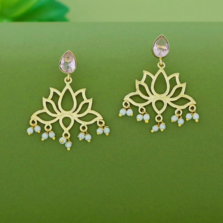 Golden Lotus Pearl Glossy Stone Drop Earring