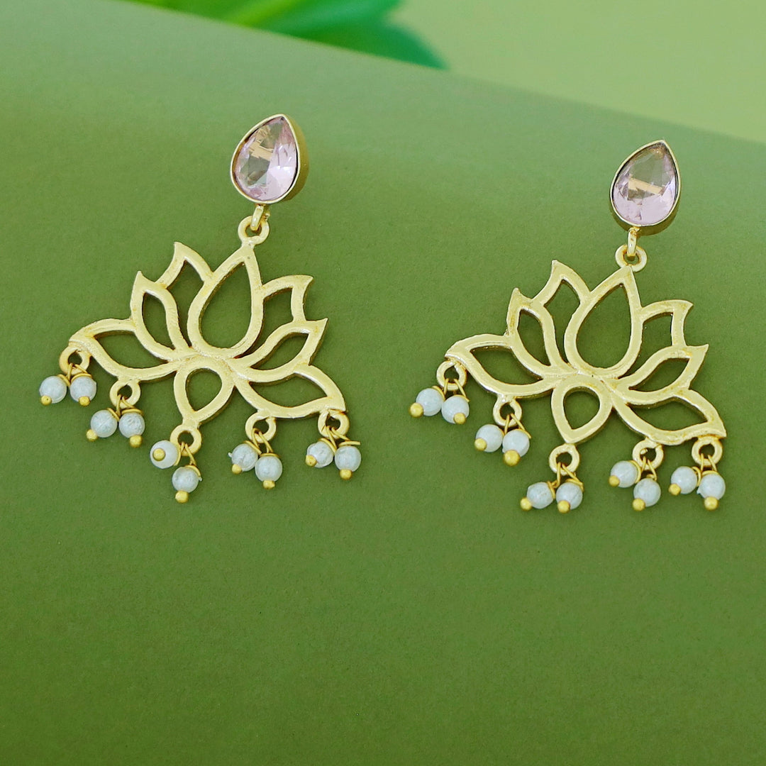 Golden Lotus Pearl Glossy Stone Drop Earring