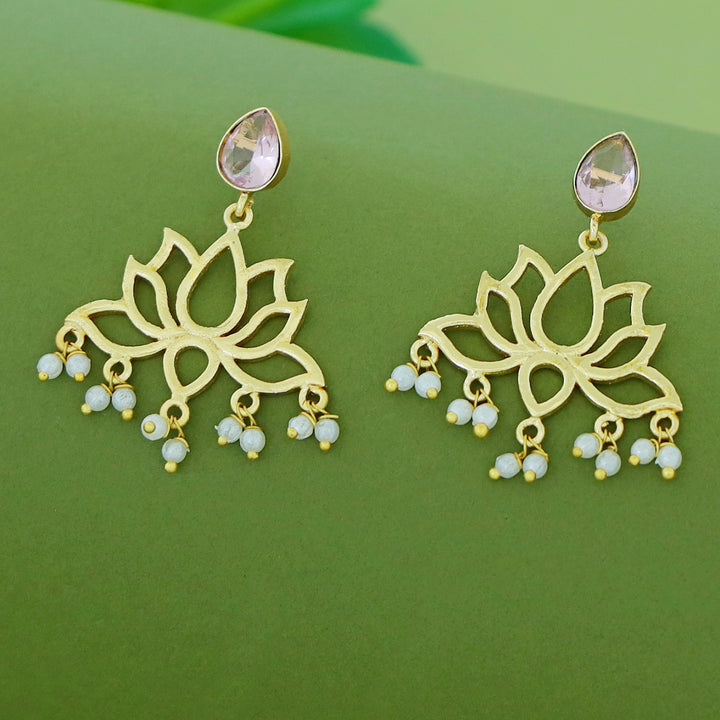 Golden Lotus Pearl Glossy Stone Drop Earring