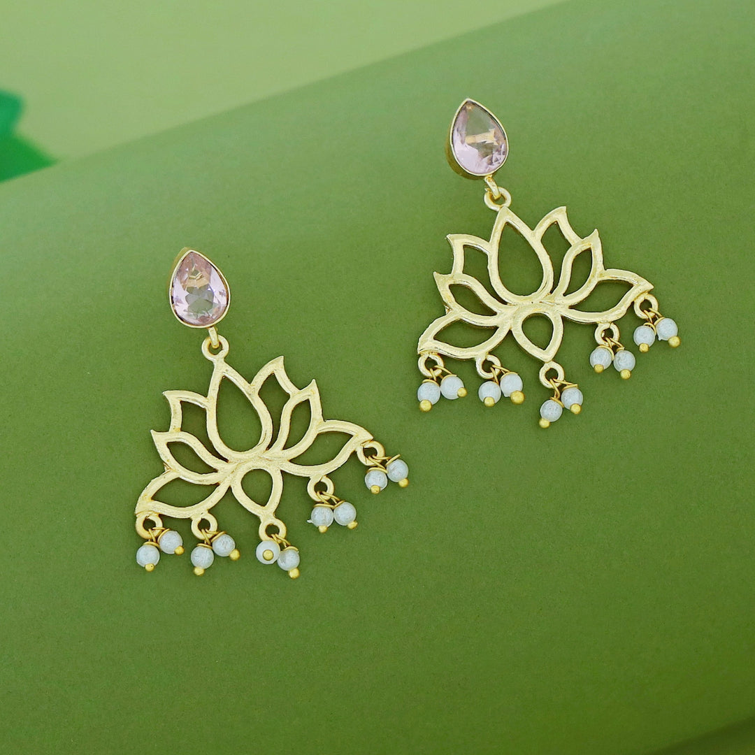 Golden Lotus Pearl Glossy Stone Drop Earring