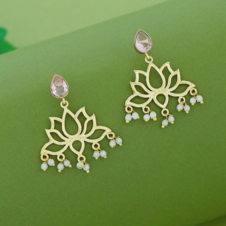 Golden Lotus Pearl Glossy Stone Drop Earring