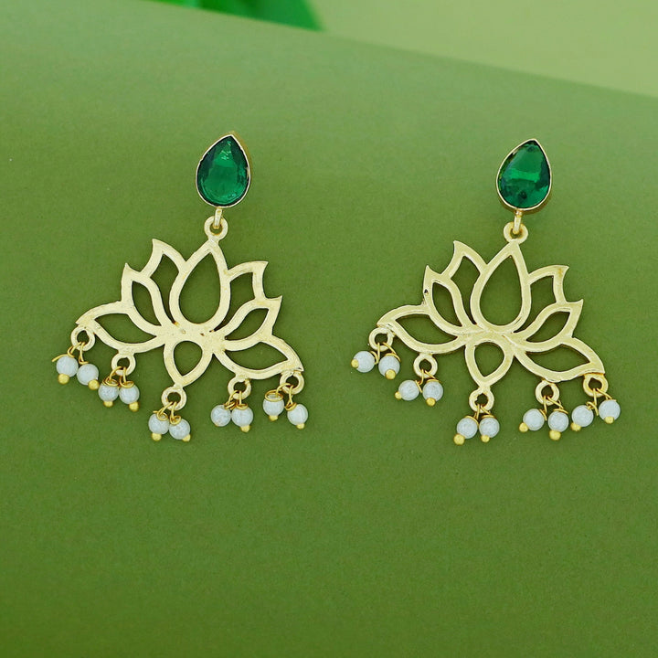 Golden Lotus Pearl Glossy Stone Drop Earring