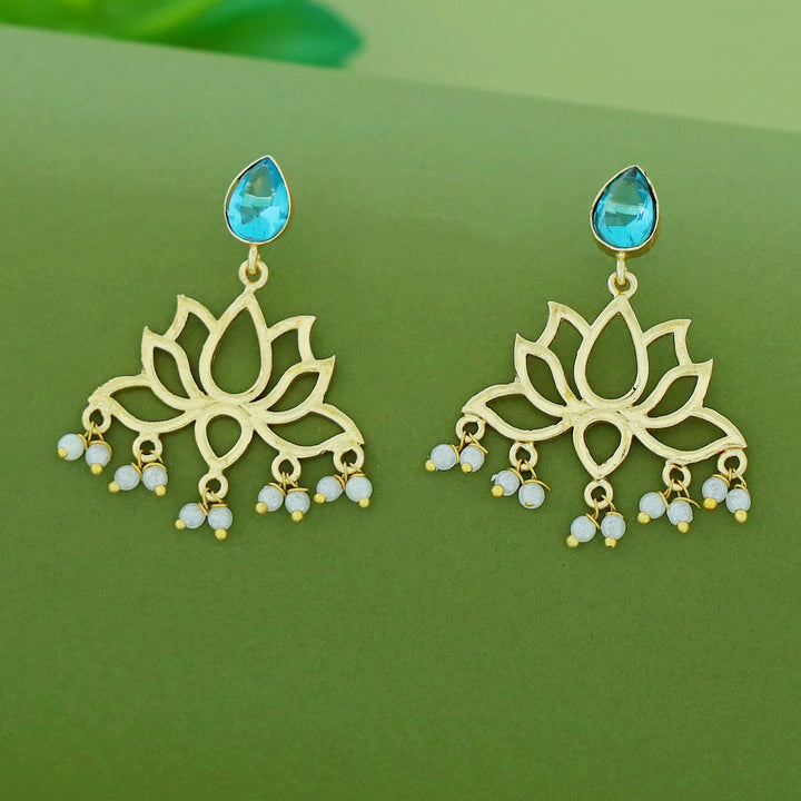 Golden Lotus Pearl Glossy Stone Drop Earring