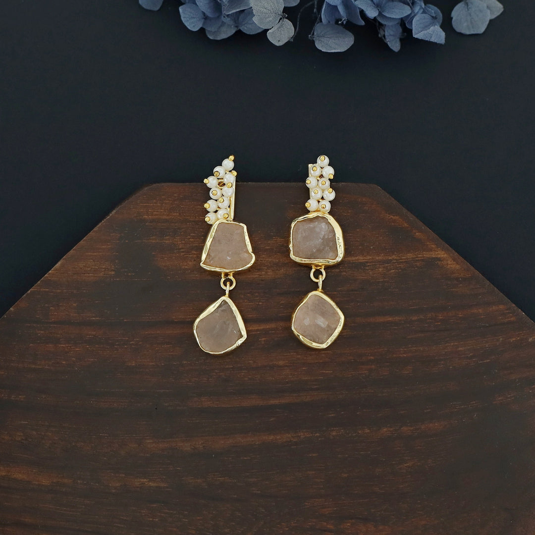 Dual Raw Stone + Pearl Earring