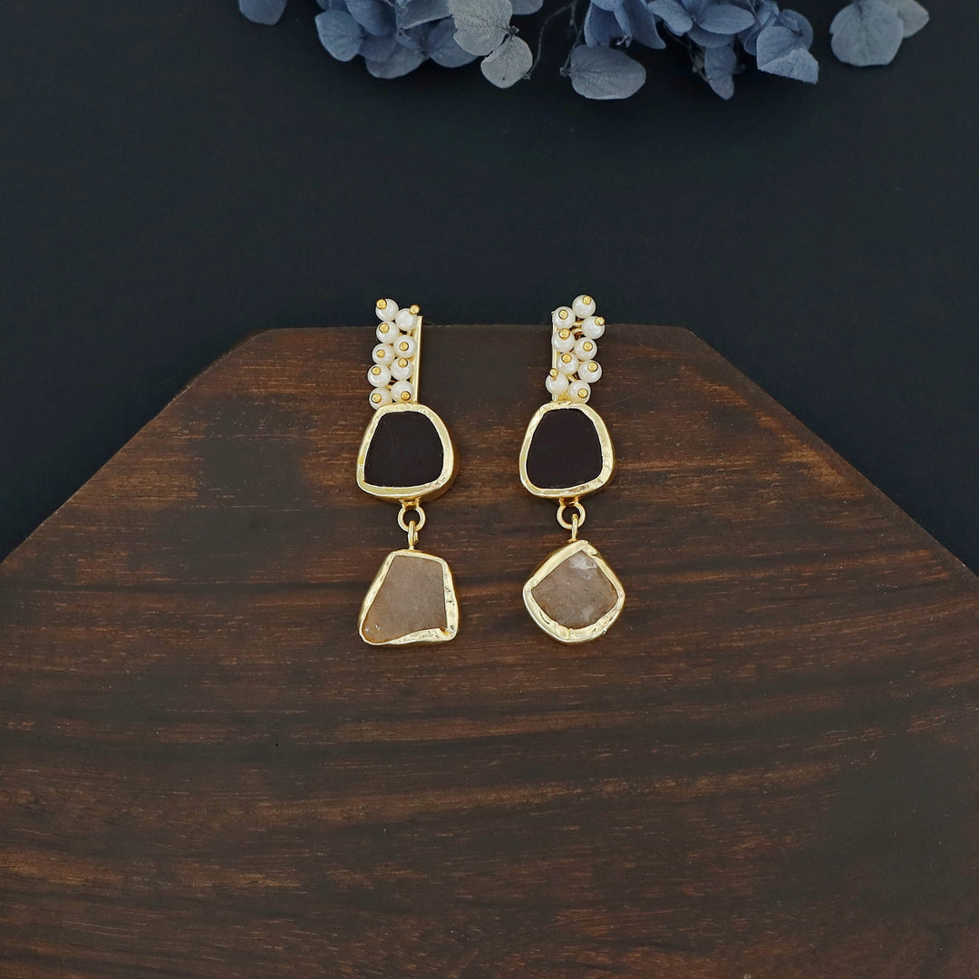Dual Raw Stone + Pearl Earring