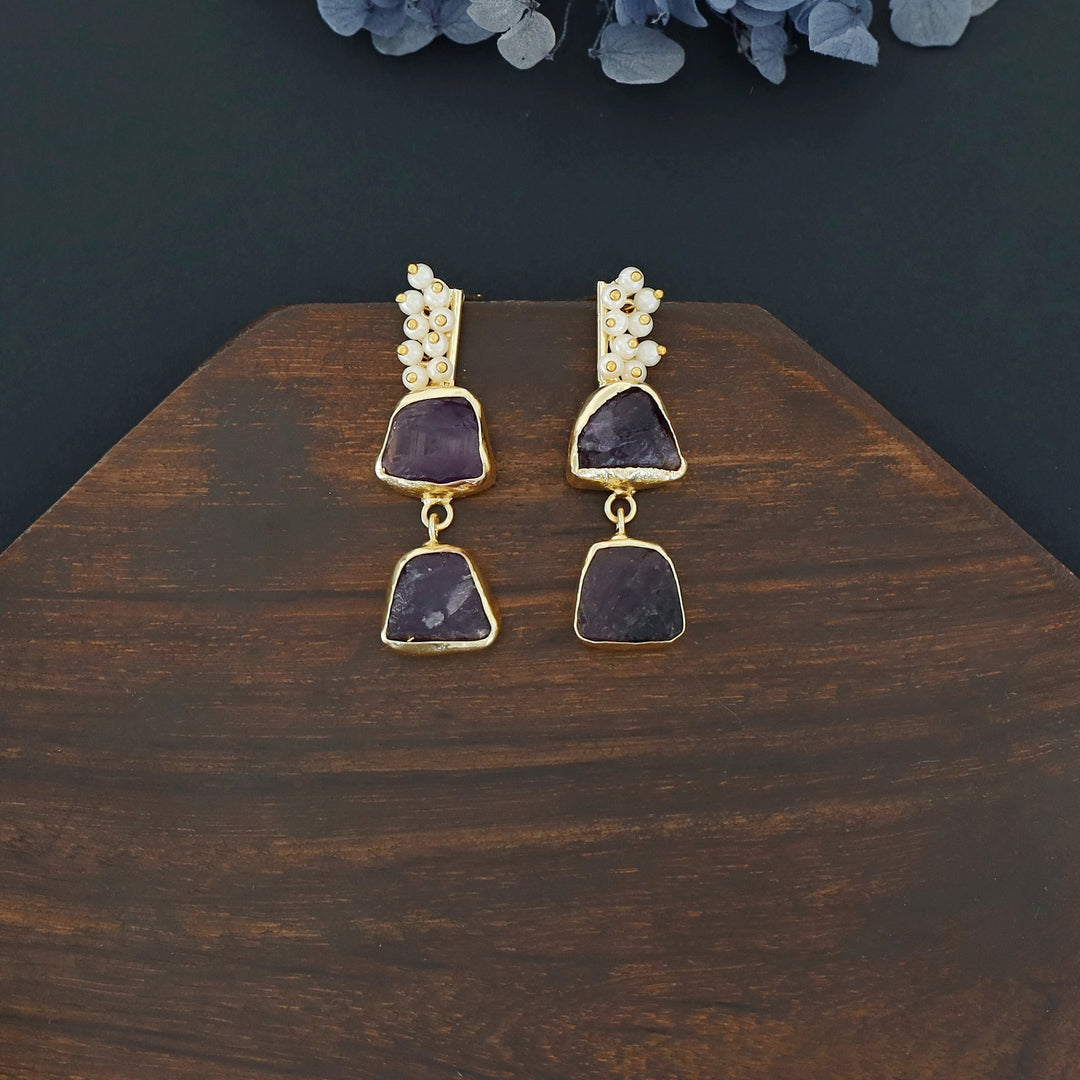 Dual Raw Stone + Pearl Earring