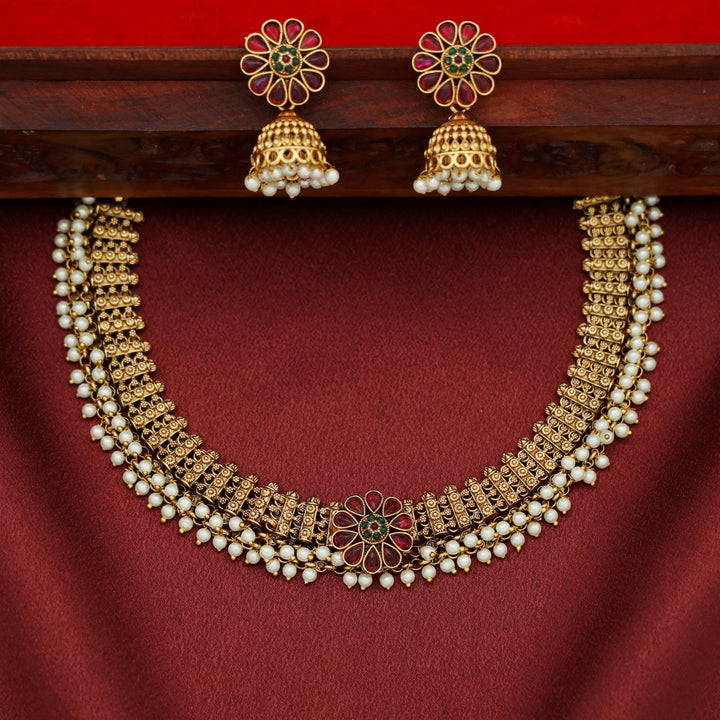 Shanavi Golden Pearl Flower Short Neckpiece with Earring