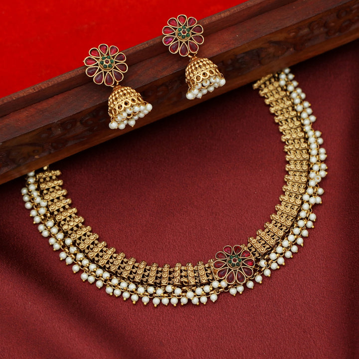 Shanavi Golden Pearl Flower Short Neckpiece with Earring