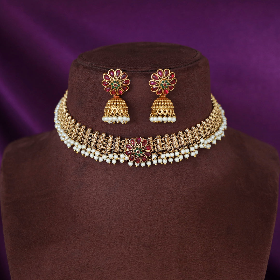 Shanavi Golden Pearl Flower Short Neckpiece with Earring
