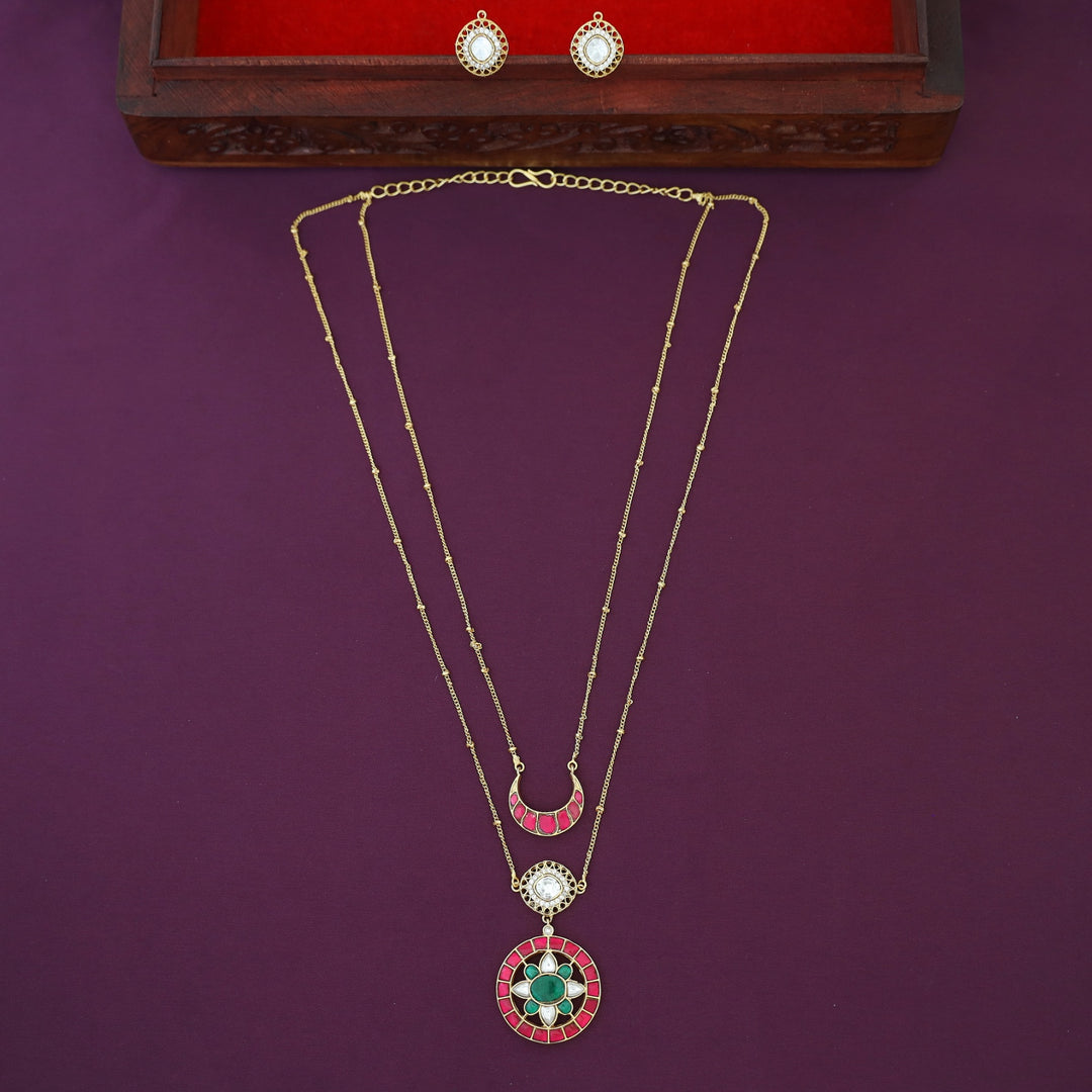 Premium 2 Layer Jadau Kundan Circle & Half Moon Neckpiece With Earring
