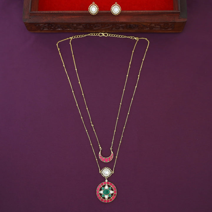 Premium 2 Layer Jadau Kundan Circle & Half Moon Neckpiece With Earring