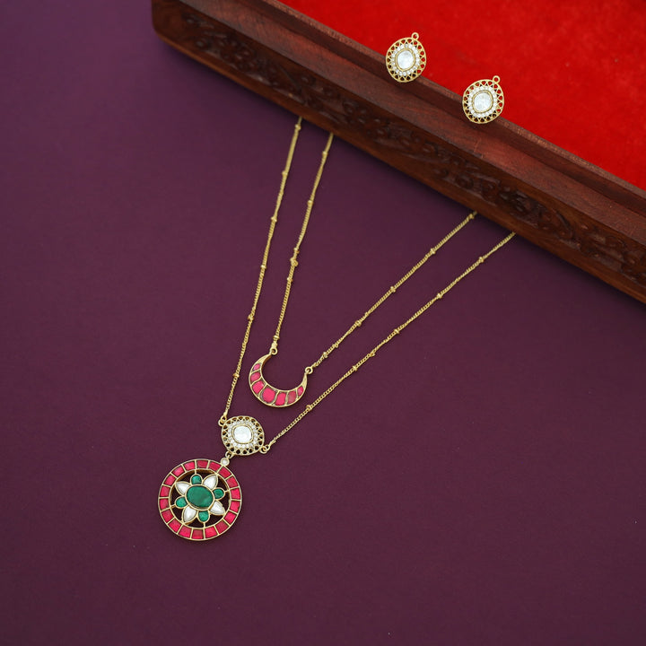 Premium 2 Layer Jadau Kundan Circle & Half Moon Neckpiece With Earring