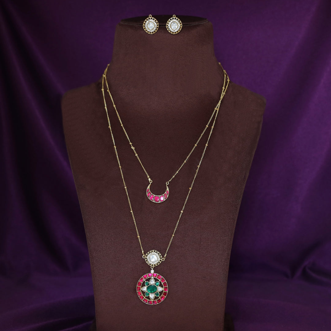 Premium 2 Layer Jadau Kundan Circle & Half Moon Neckpiece With Earring