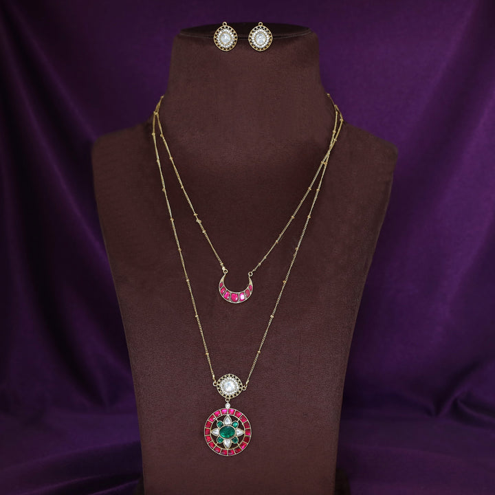 Premium 2 Layer Jadau Kundan Circle & Half Moon Neckpiece With Earring