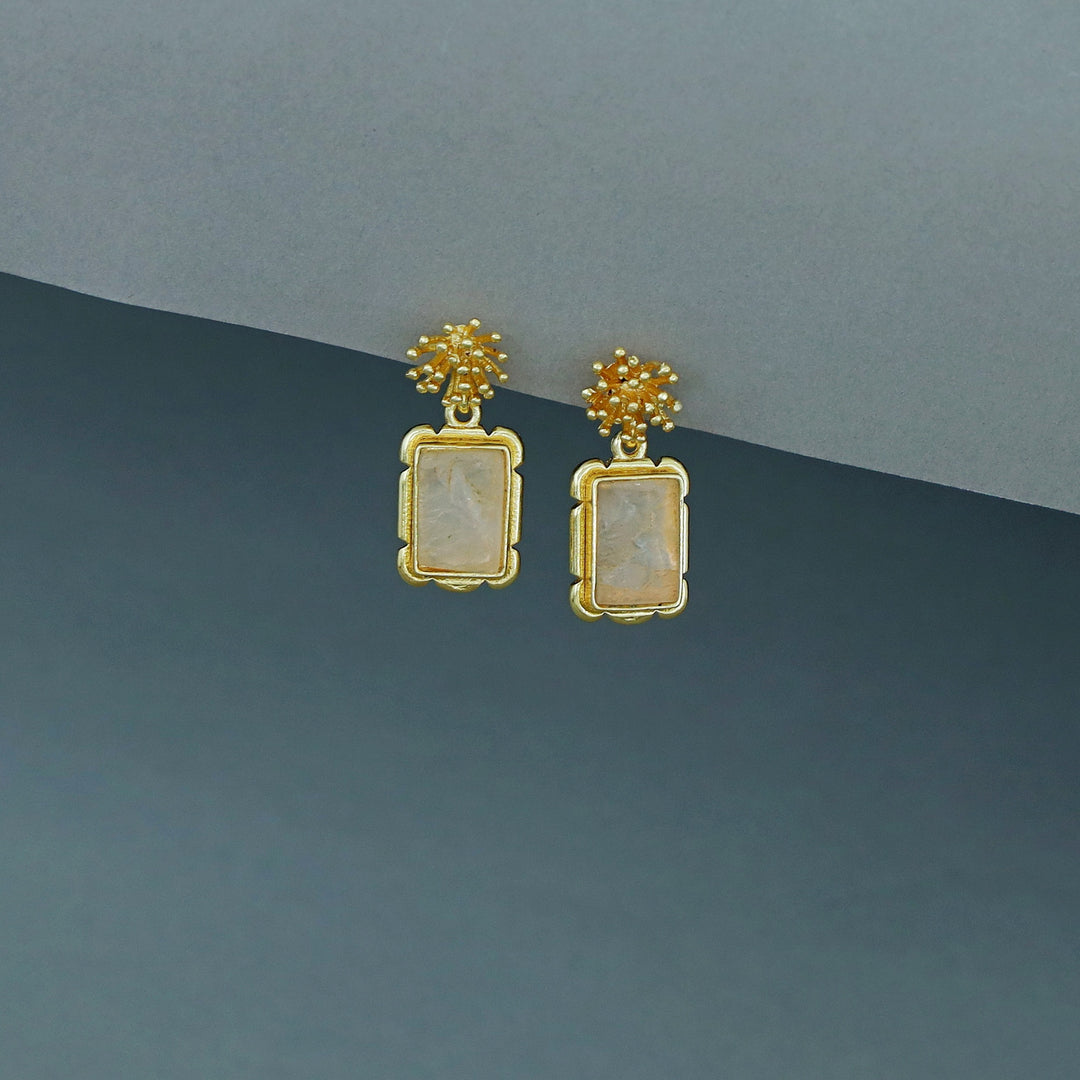 Golden Sunburst Flower Rectangle Raw Stone Earring