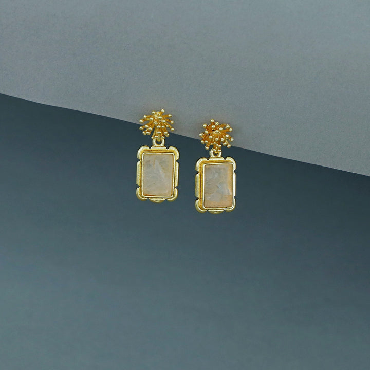 Golden Sunburst Flower Rectangle Raw Stone Earring