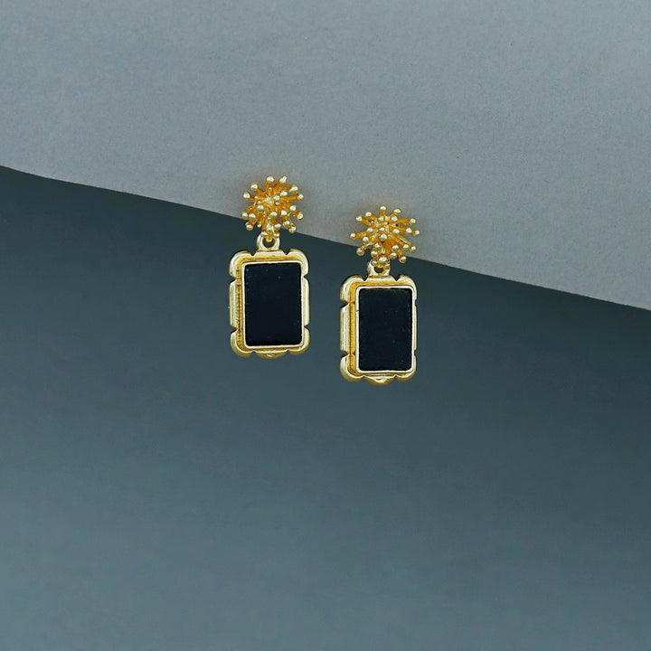 Golden Sunburst Flower Rectangle Raw Stone Earring