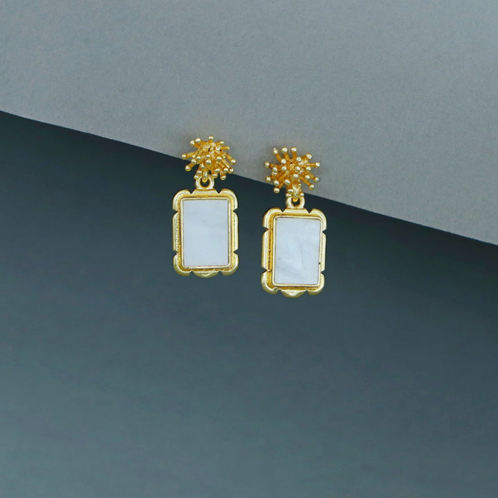 Golden Sunburst Flower Rectangle Raw Stone Earring