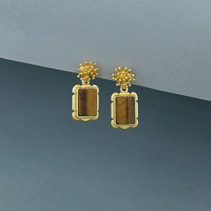 Golden Sunburst Flower Rectangle Raw Stone Earring
