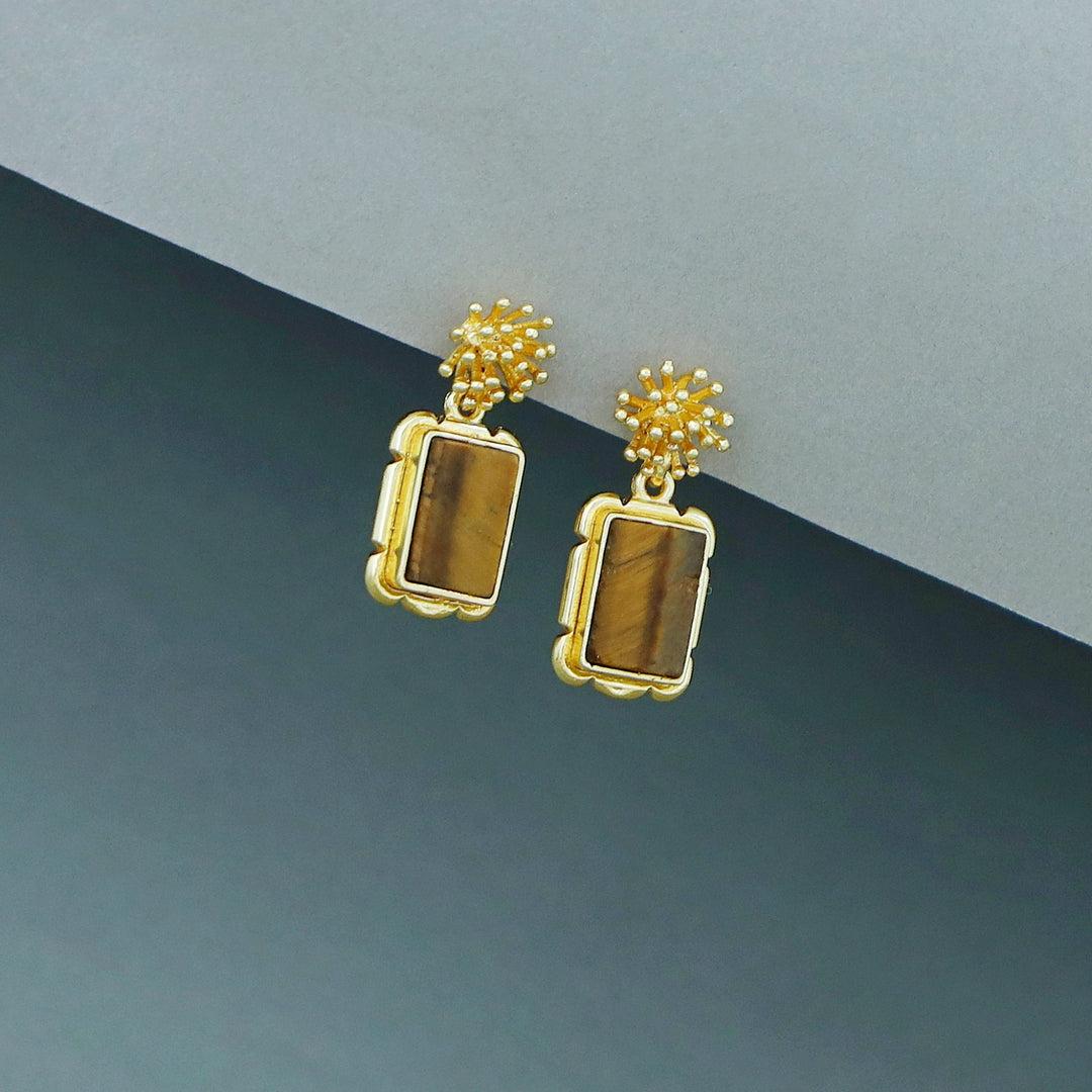 Golden Sunburst Flower Rectangle Raw Stone Earring