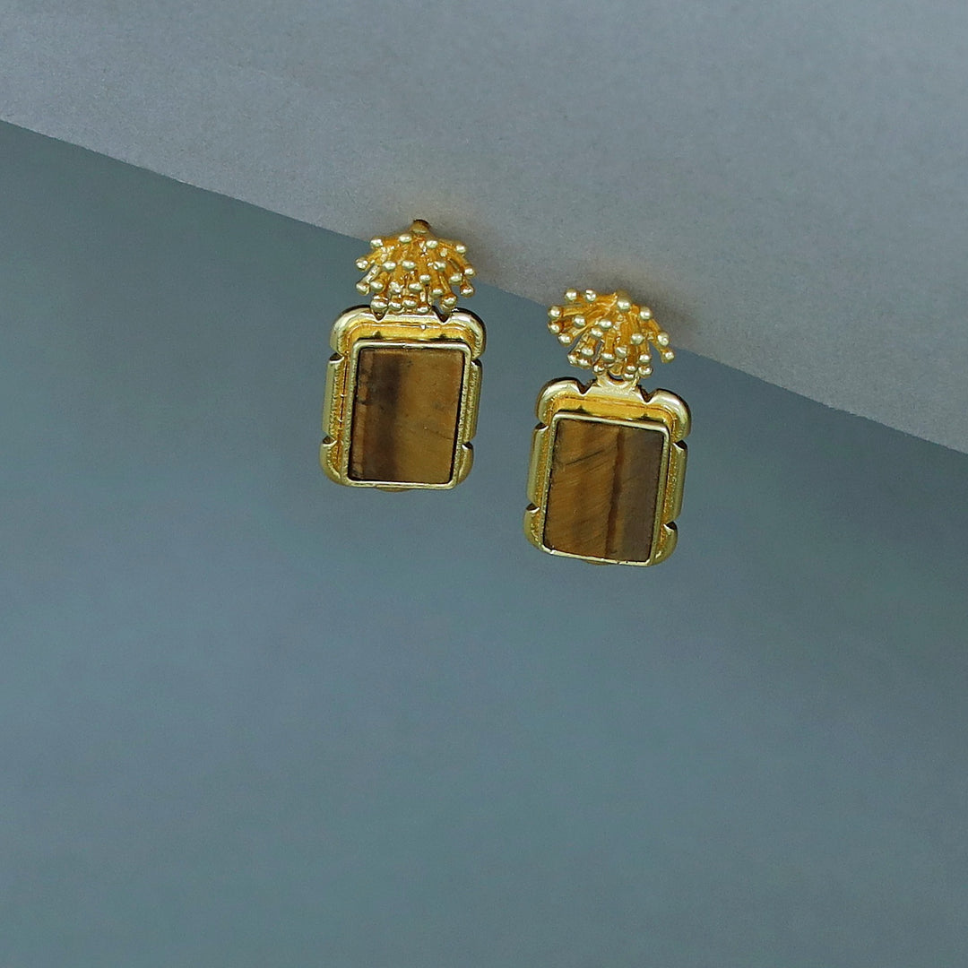 Golden Sunburst Flower Rectangle Raw Stone Earring